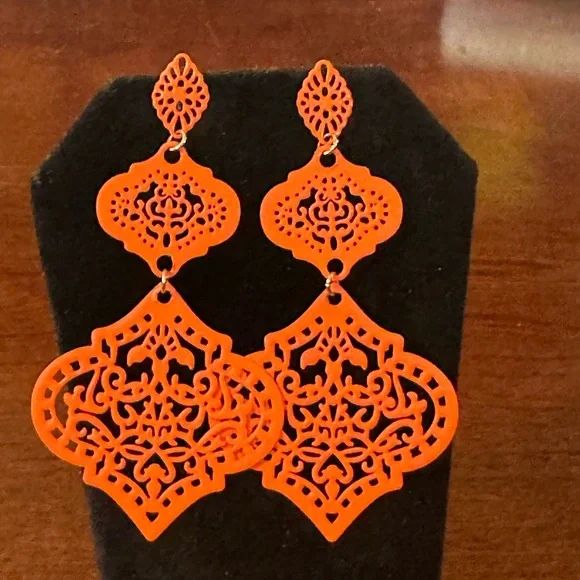 Bohemian, Geo 3d Orange Dangle Art Deco Fashion, Summer, Vacation Earrings - Picture 3 of 3